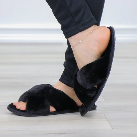Cross Strap Black Puff Fuzzy Furry Fluffy Slip On Plush Slippers - Picture 5 of 12